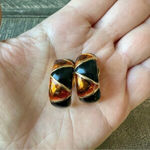 Vintage Black & Gold Enamel Clip Back Earrings